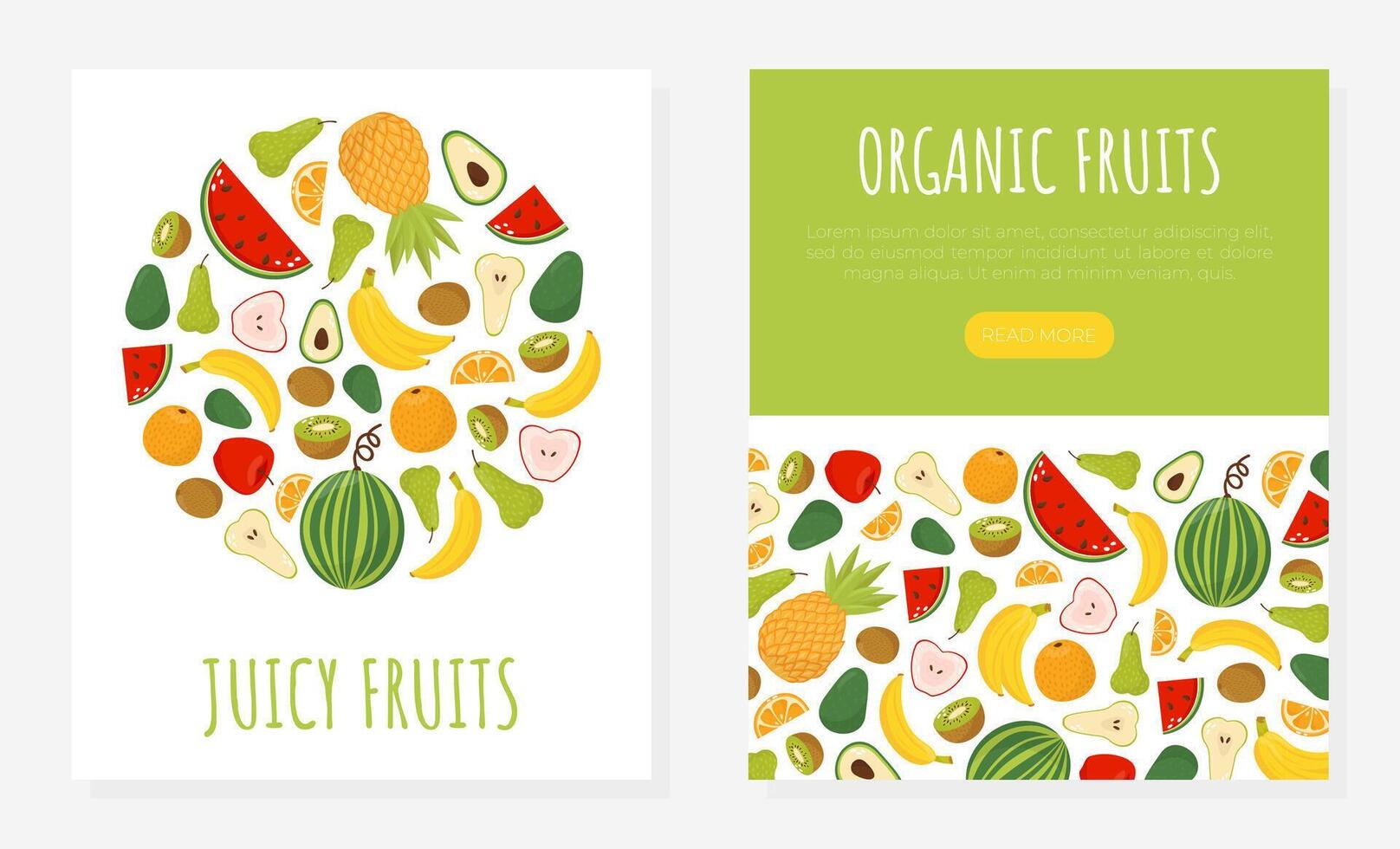 Juicy fruits card template. Organic fresh fruit assortment of shop, online store landing page, mobile app design illustration vector