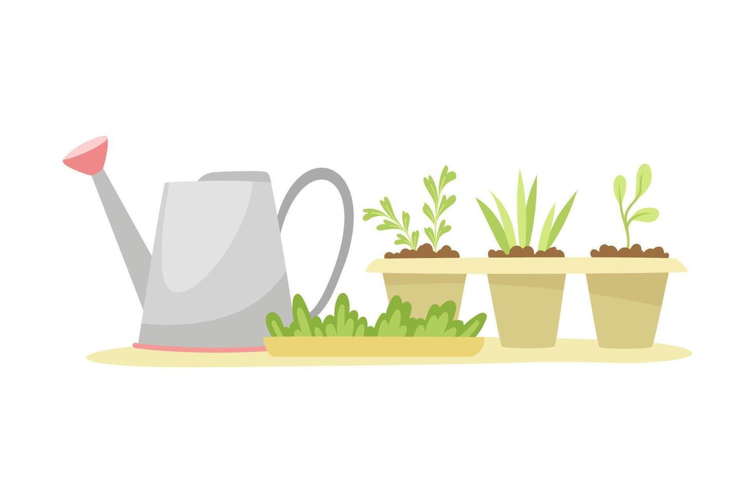 Gardening with Watering Can and Seedling in Pots as Plant Cultivation and Agriculture Illustration vector