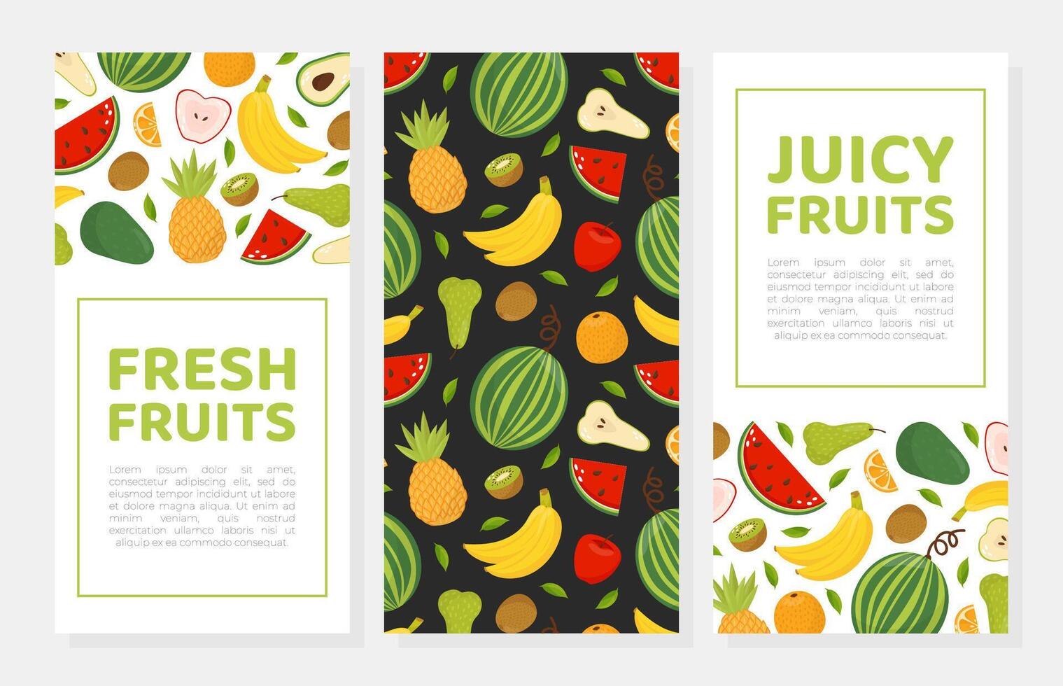 Fresh fruits card, flyer, banner with sliced ripe organic fruits and text illustration vector