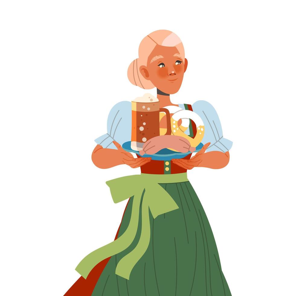 Gastronomic Tourism with Woman Character Holding Authentic Bavarian Dish with Beer Mug and Sausage Illustration vector