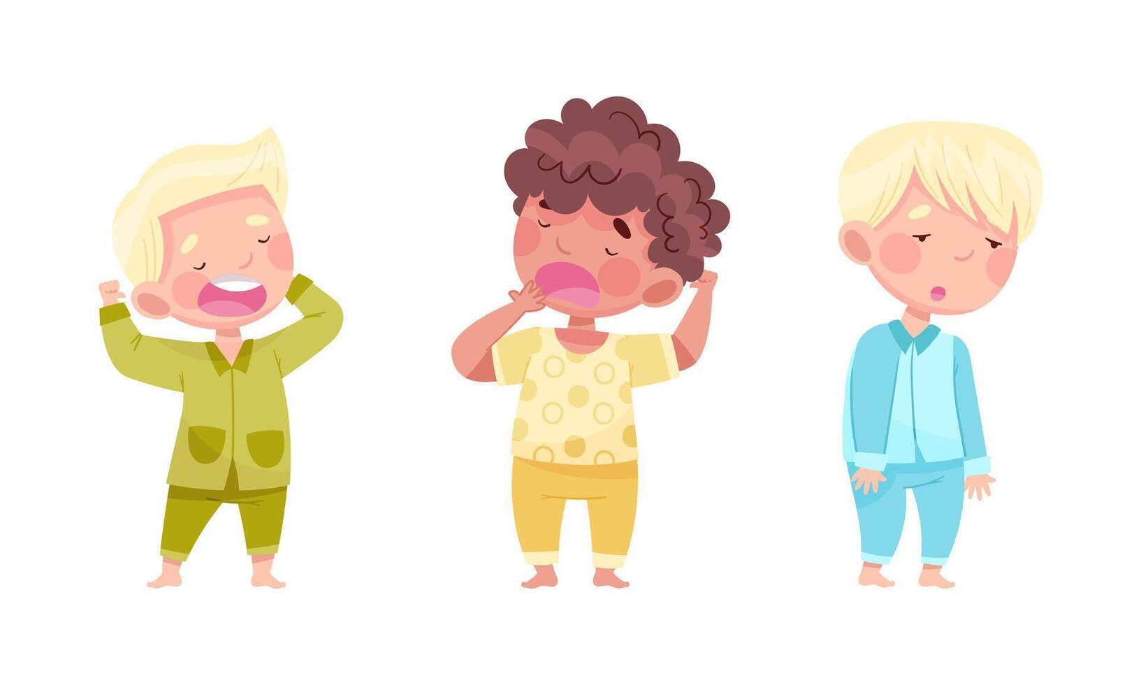 Sleepy Little Boy Wearing Pajamas Standing and Yawning Illustration Set vector