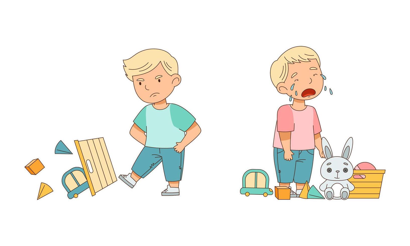 Grumpy Boy Among Toys Crying Out Loud and Kicking Box with Toys Illustration Set vector