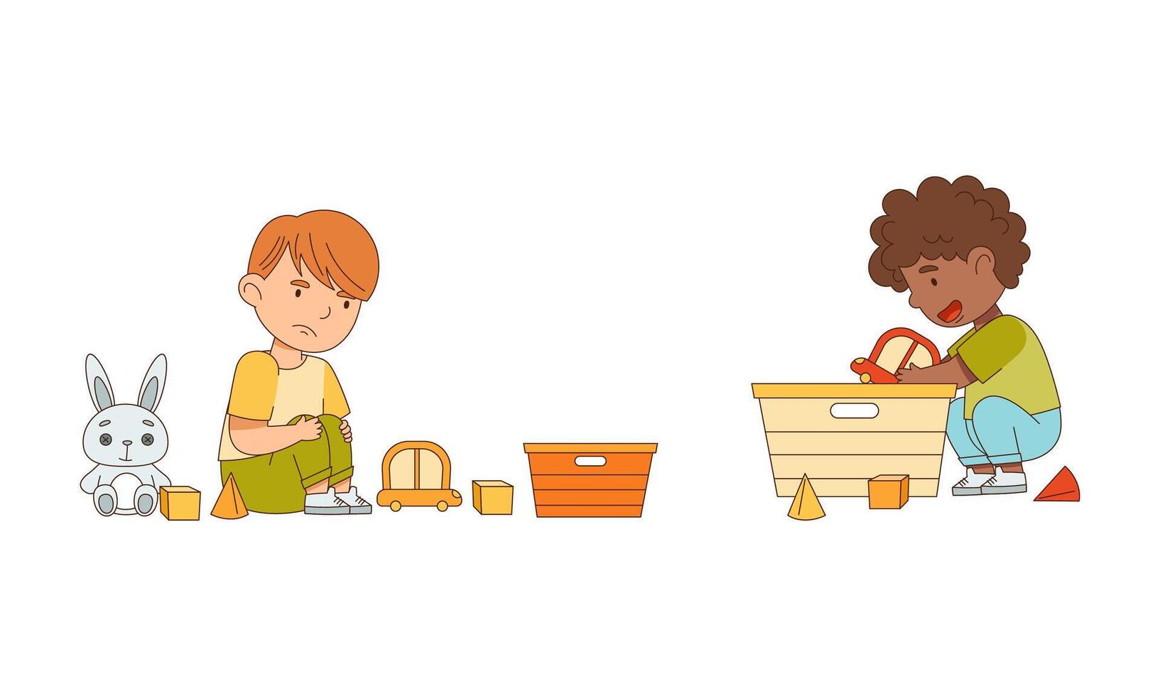 Happy Boy Playing Toys in the Nursery Illustration Set vector