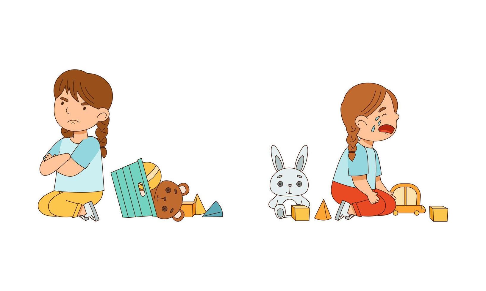 Grumpy Girl with Toys and Folded Arms Grizzling and Crying Illustration Set vector