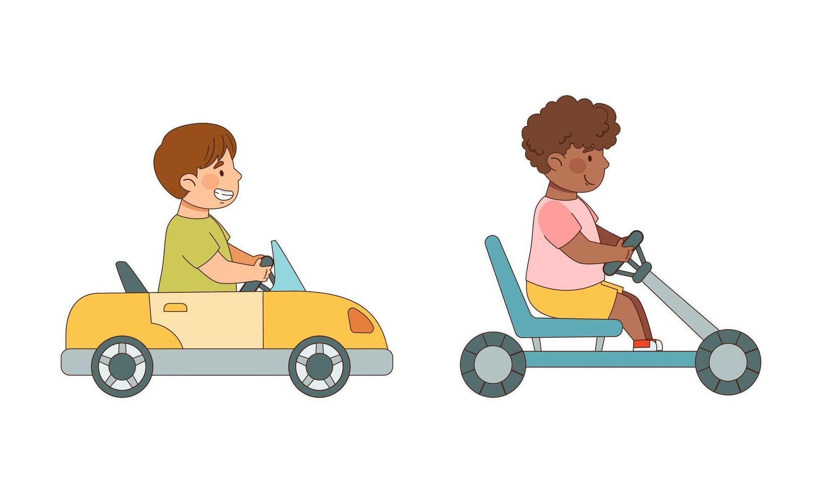 Little Boy Driving Electric Car Enjoying Outdoor Activity Illustration Set vector