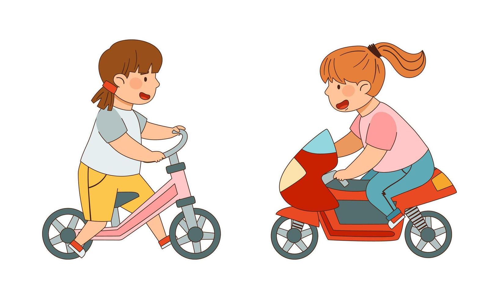 Little Girl Driving Bicycle and Motorcycle Enjoying Outdoor Activity Illustration Set vector