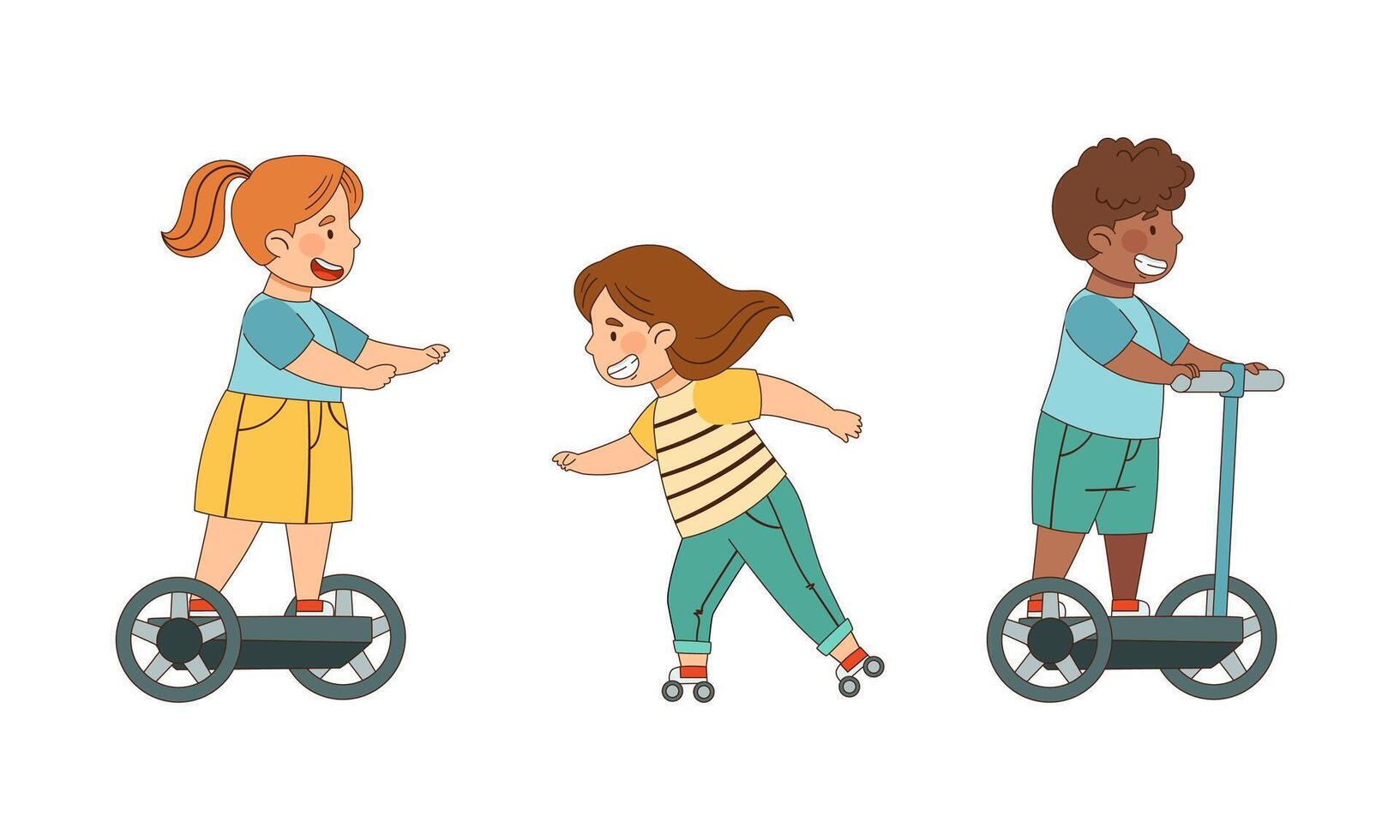 Little Boy and Girl Driving Electric Hoverboard and Roller Skates Enjoying Outdoor Activity Illustration Set vector