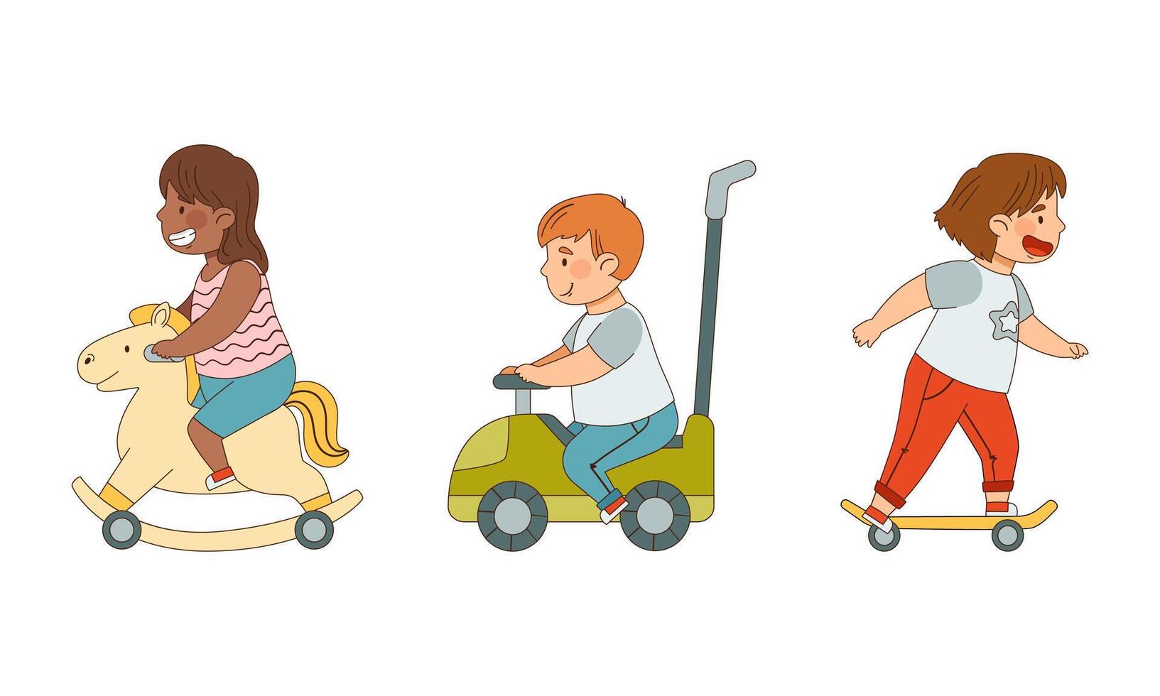 Little Boy and Girl Driving Skateboard and Rocking on Horse Enjoying Outdoor Activity Illustration Set vector
