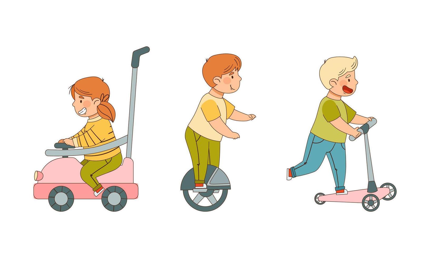 Little Boy and Girl Driving Car and Kick Scooter Enjoying Outdoor Activity Illustration Set vector