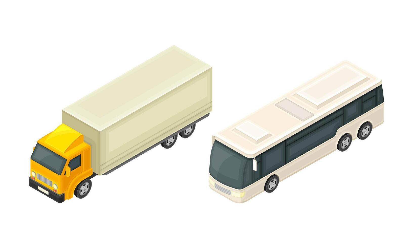 Truck or Lorry and Bus as Motor Vehicle and Urban Transport for Transporting Cargo and Passenger Isometric Illustration Set vector