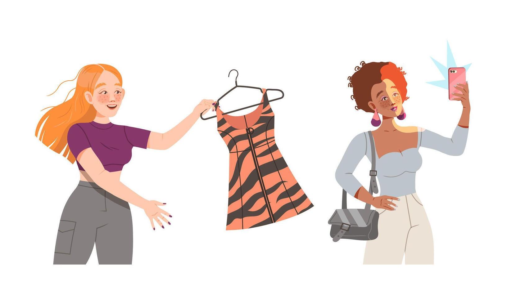 Young Female Holding Trendy Dress on Hanger and Smartphone Beaming with Happiness Illustration Set vector