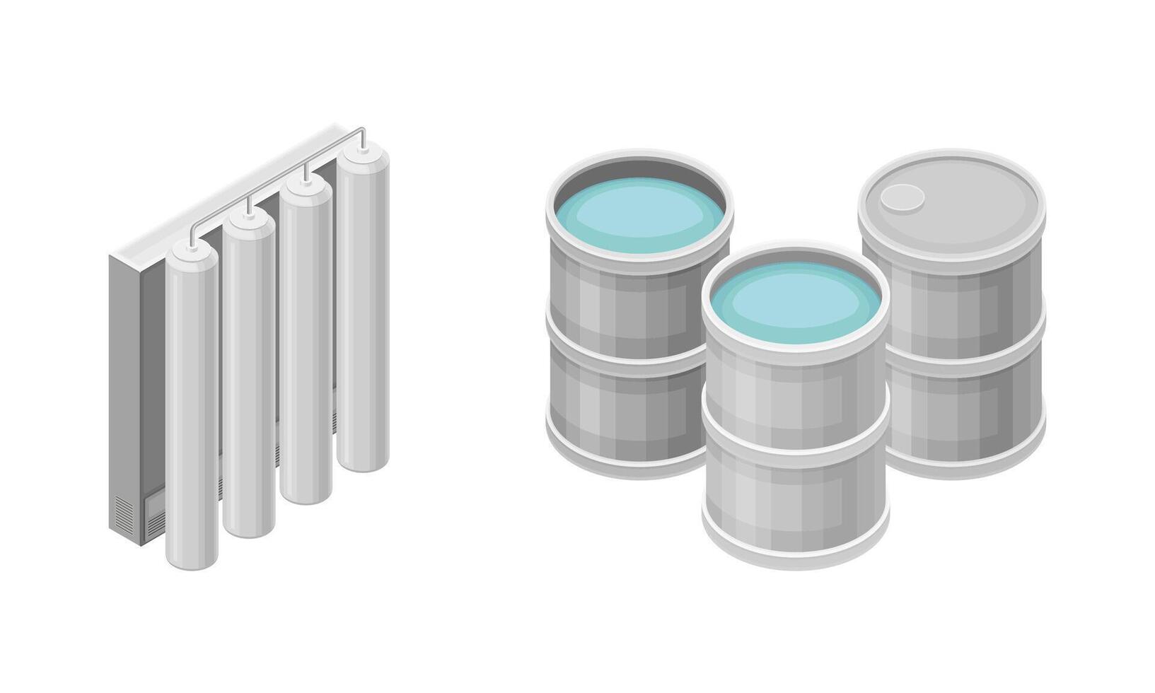 Water Poured in Cylindrical Metal Tanks for Storage Isometric Illustration Set vector