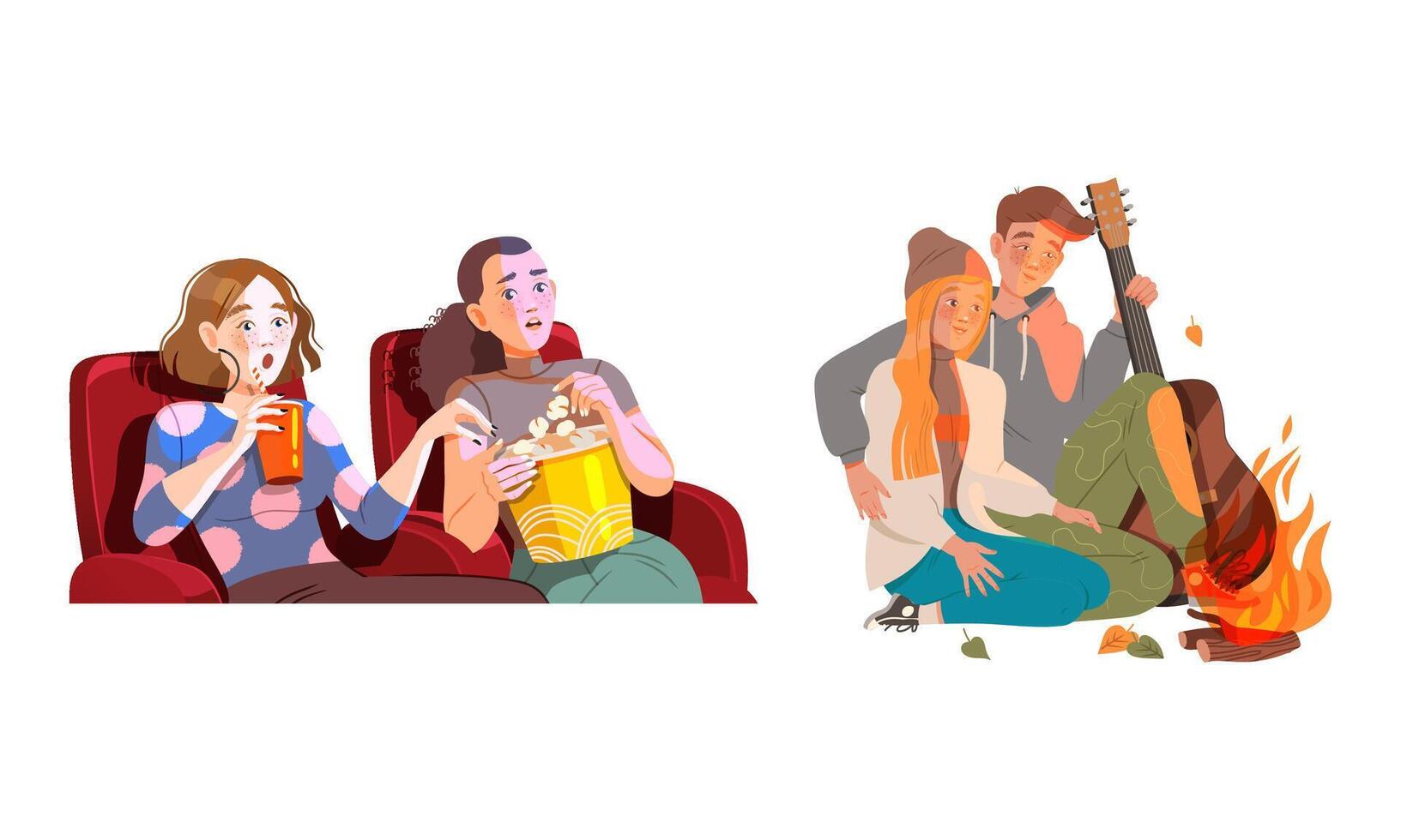 Male and Female Looking at movie screen and Blazing Fire Demonstrating Emotion of Happiness and Shock Illustration Set vector