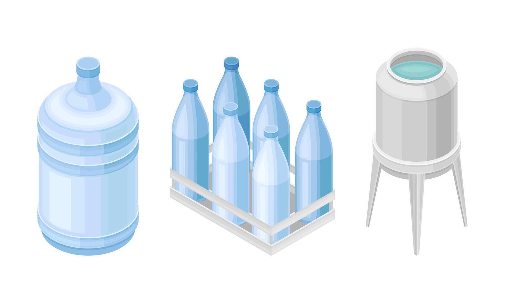 Water Poured in Plastic Bottle and Metal Tank for Storage and Distribution Isometric Set vector