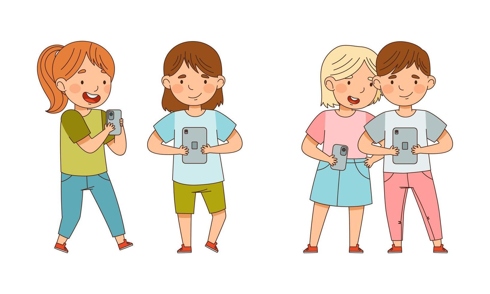 Little Boy and Girl with Smartphone and Tablet Playing Game and Watching Illustration Set vector