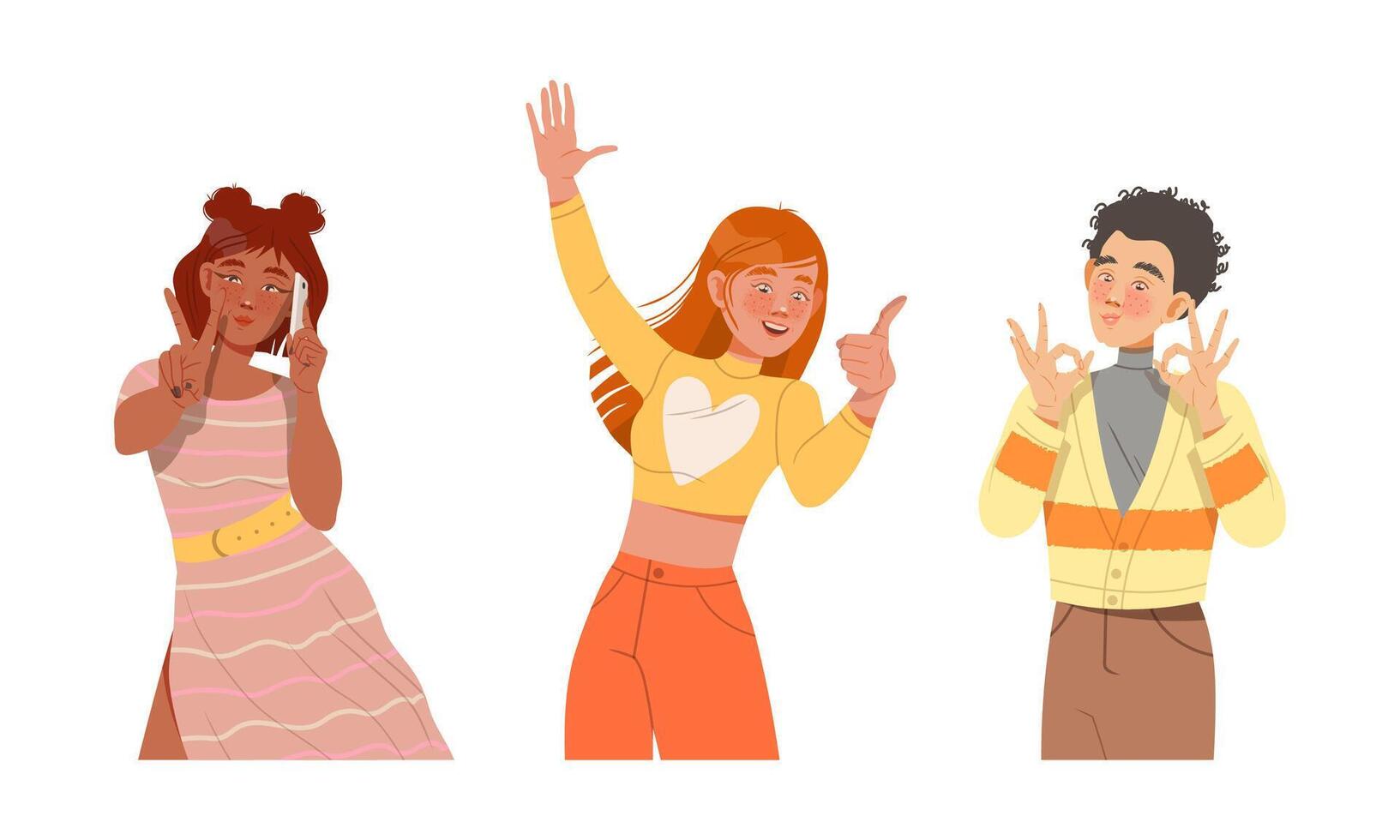 Male and Female Showing Hand Ok and Thumb Up Gesture Feeling Happiness and Excitement Illustration Set vector