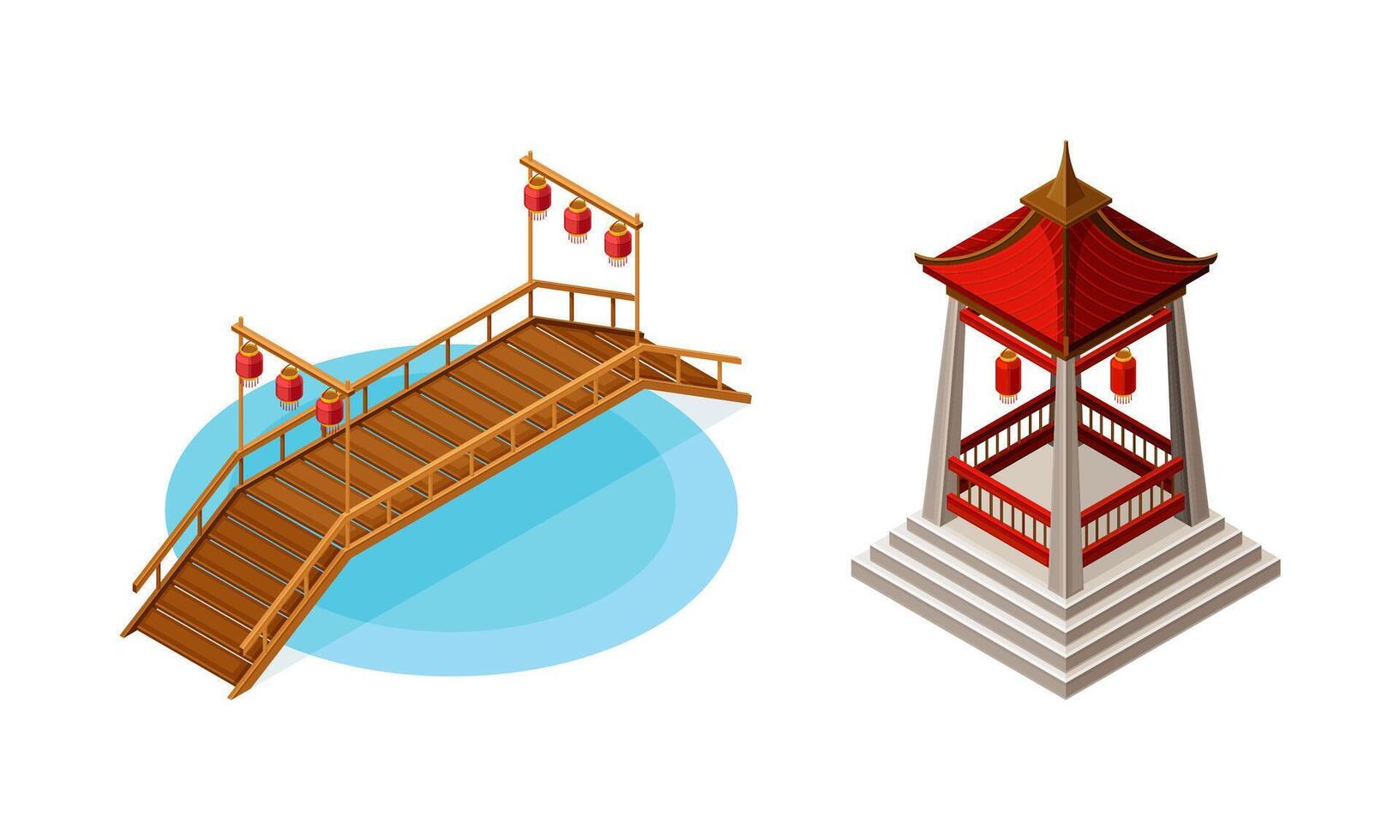 Wooden Bridge with Balustrade Railing and Gazebo as Asian Architecture Isometric Illustration Set vector