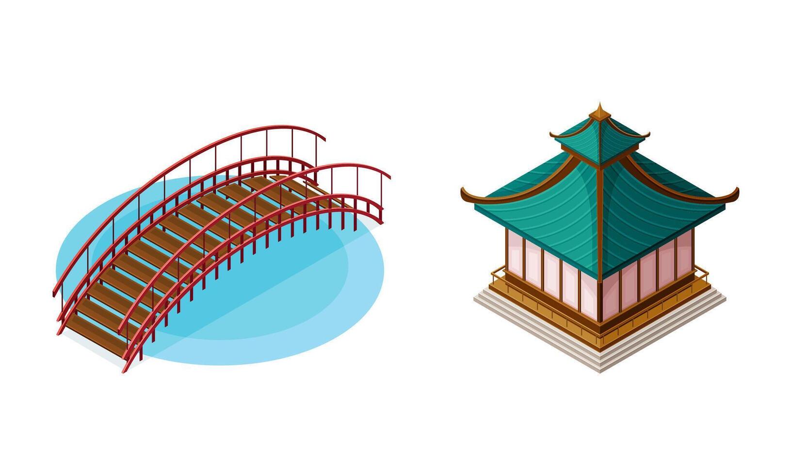 Wooden Bridge with Balustrade Railing and Pagoda as Asian Architecture Isometric Illustration Set vector