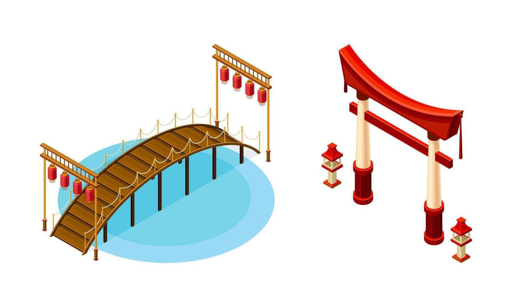 Wooden Bridge with Balustrade Railing and Gate as Asian Architecture Isometric Illustration Set vector