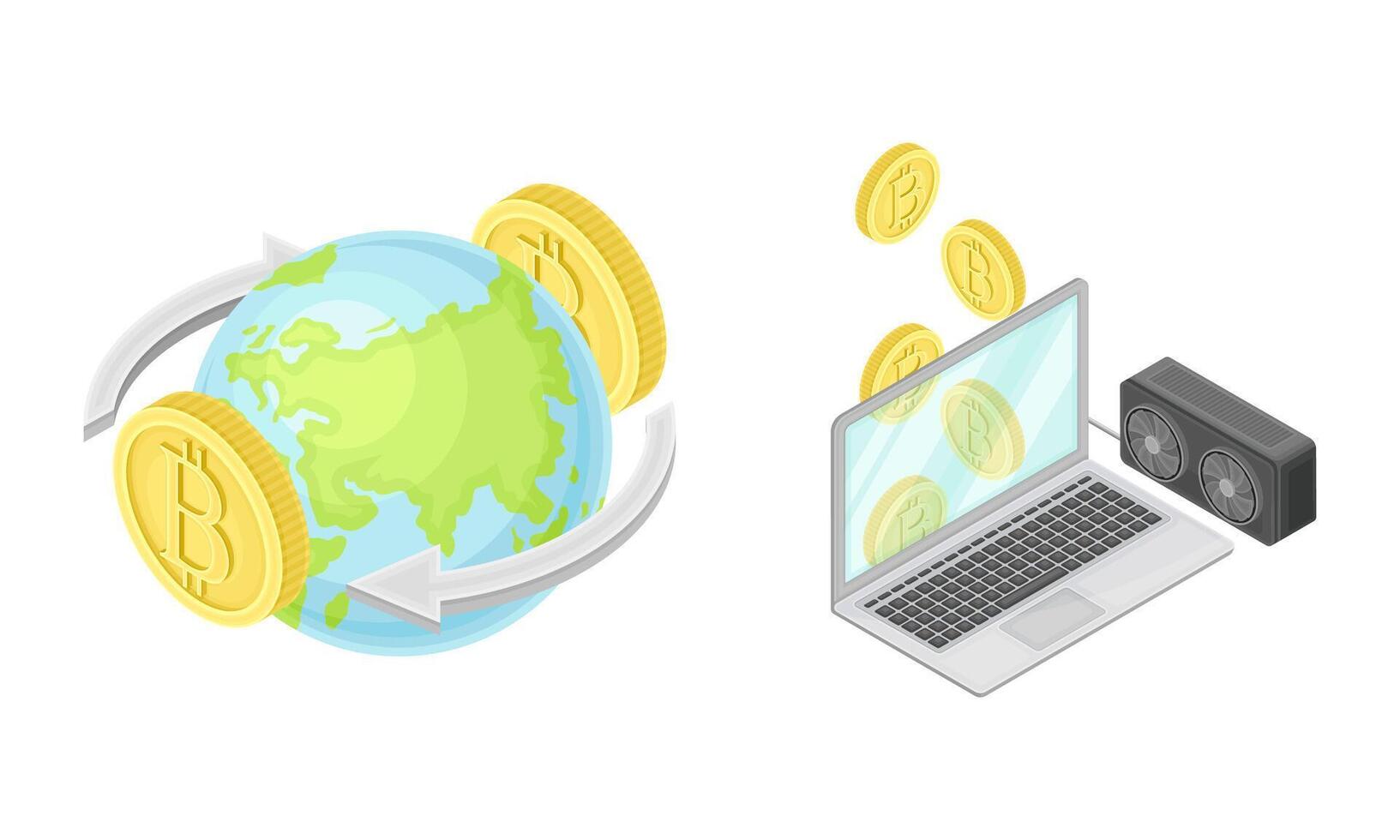 Bitcoin Gold Coins Rotating Around Globe and Laptop Isometric Set vector