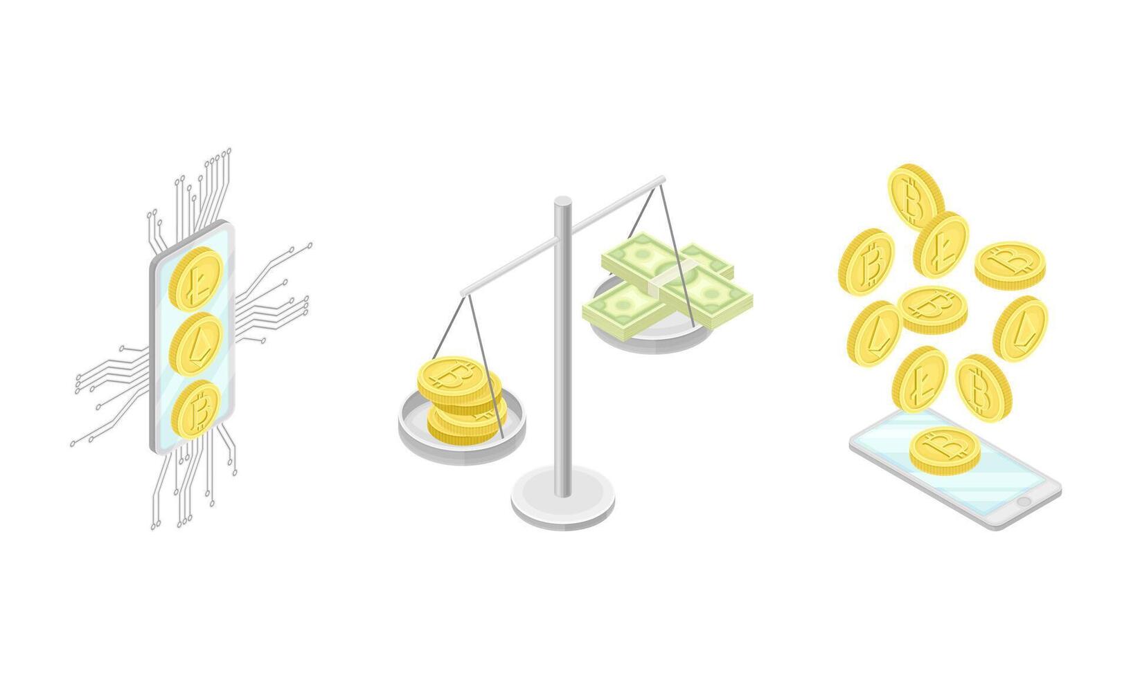 Blockchain Technology with Scales Weighing Bitcoin Gold Coin and Dollar Banknote and Smartphone Isometric Set vector