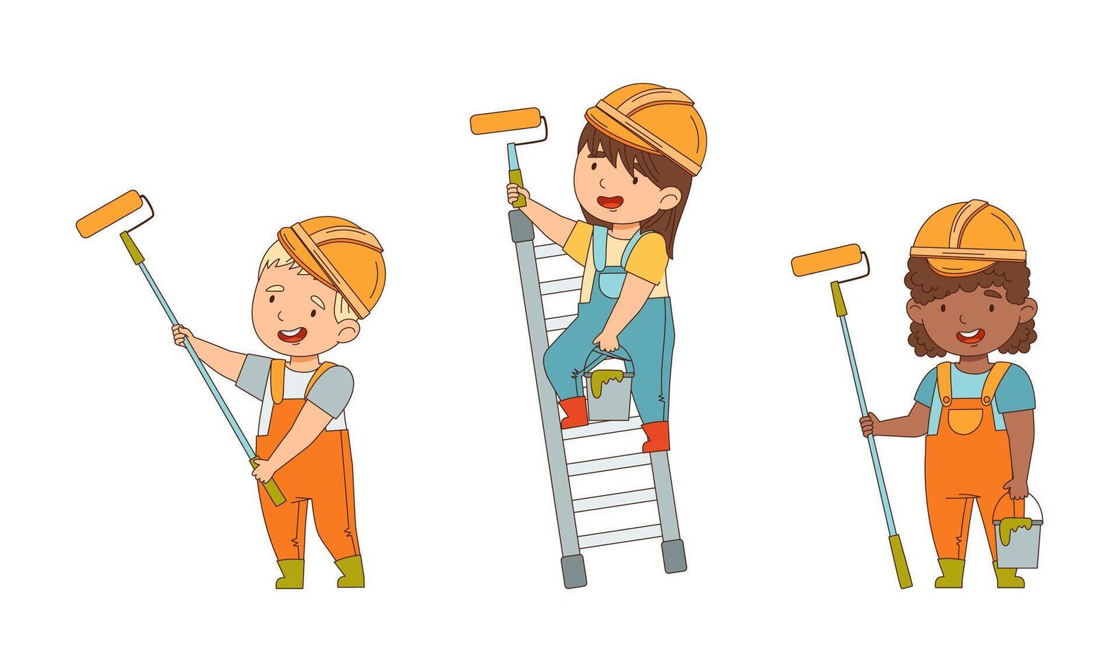 Little Boy and Girl Builder Wearing Hard Hat and Overall with Paint Roller on Ladder Set vector