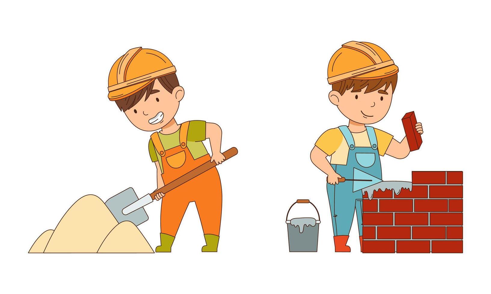 Little Boy Builder Wearing Hard Hat and Overall Digging with Shovel and Laying Bricks Set vector