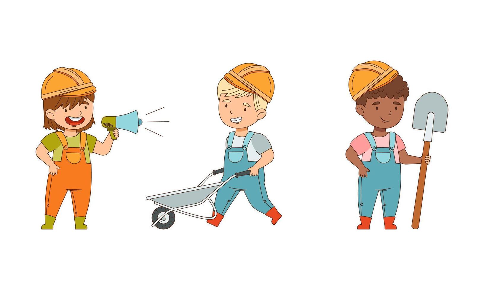 Little Boy and Girl Builder Wearing Hard Hat and Overall Pushing Wheelbarrow and Holding Shovel Set vector