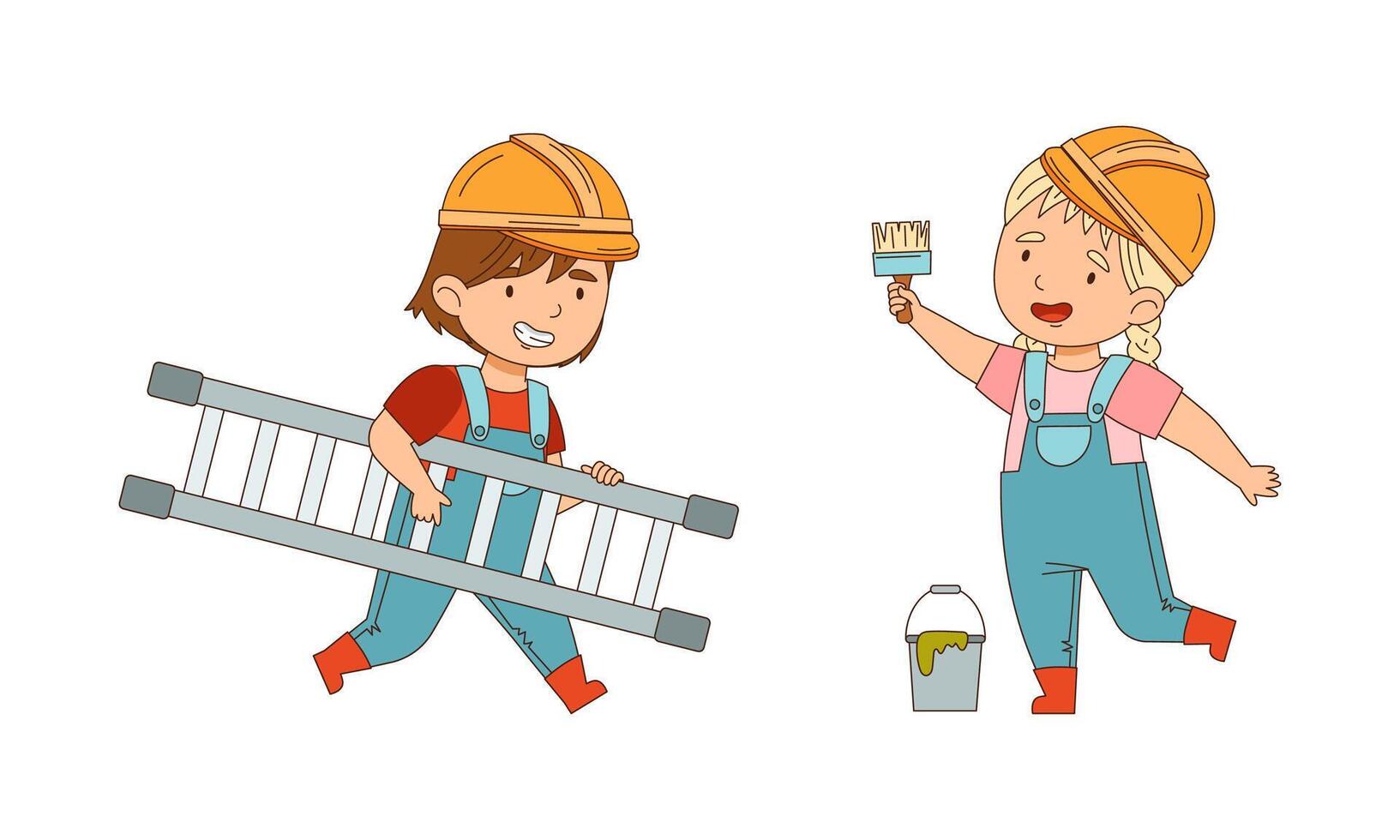 Little Girl Builder Wearing Hard Hat and Overall Carrying Ladder and Holding Paint Brush Set vector