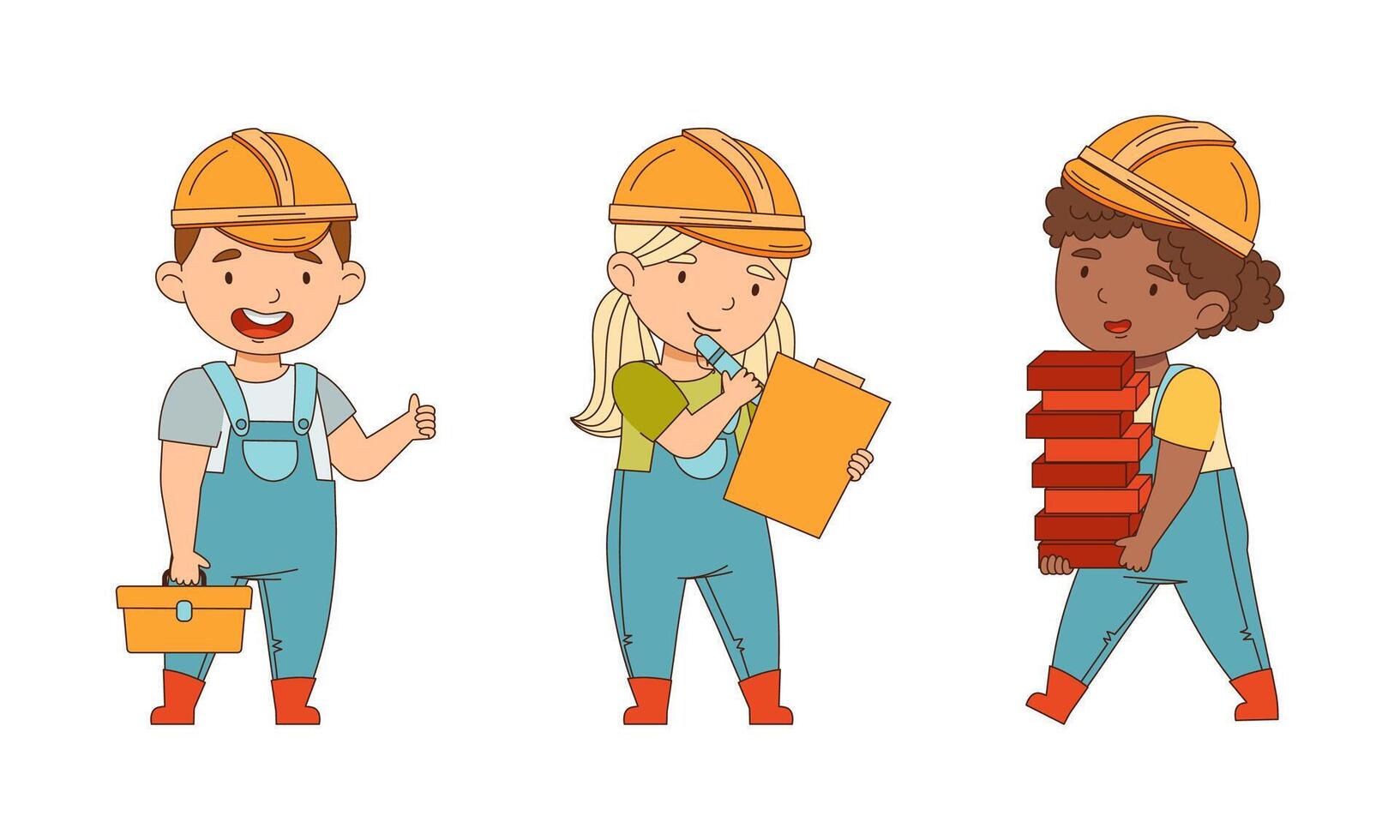 Little Boy and Girl Builder Wearing Hard Hat and Overall Carrying Bricks and Holding Toolbox Set vector