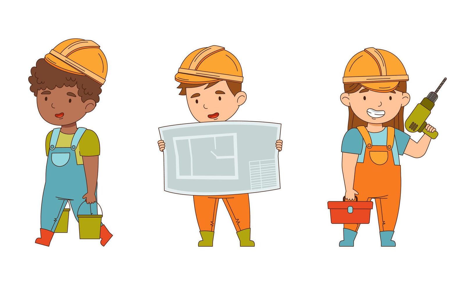 Little Boy and Girl Builder Wearing Hard Hat and Overall with Draft and Drill Set vector