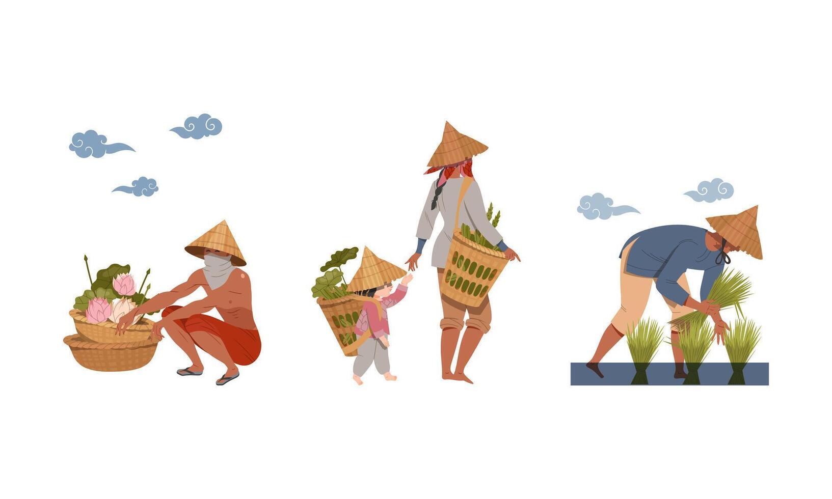 Asian Farmer in Straw Conical Hat Gathering Bundles of Rice Grass and Carrying Basket with Water Lily Illustration Set vector