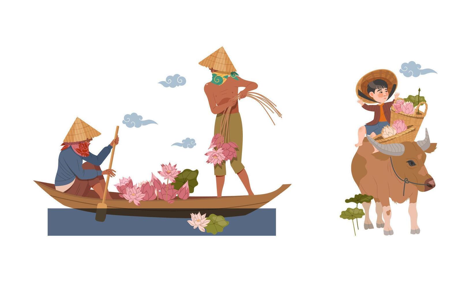 Asian Farmer in Straw Conical Hat Gathering Water Lily in Boat and Sitting on Bull with Basket Illustration Set vector