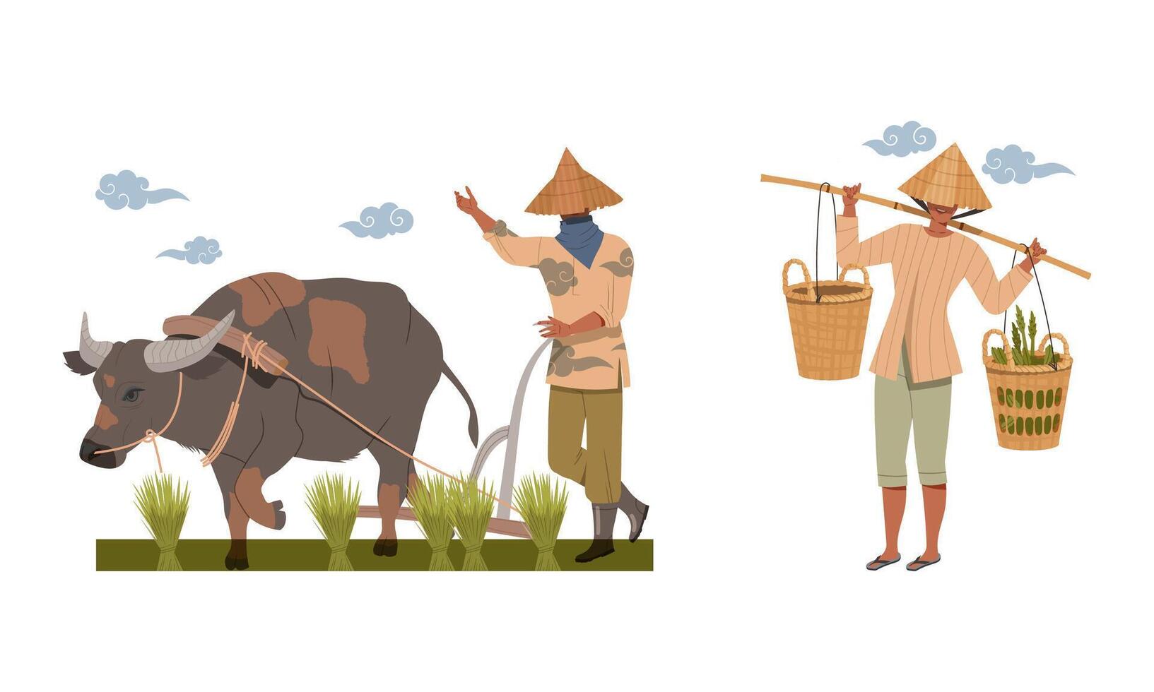 Asian Farmer in Straw Conical Hat Carrying Basket and Ploughing with Bull Illustration Set vector