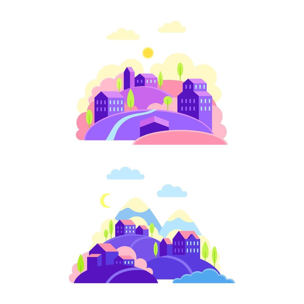 Countryside landscape with houses on hills at day and night time illustration vector