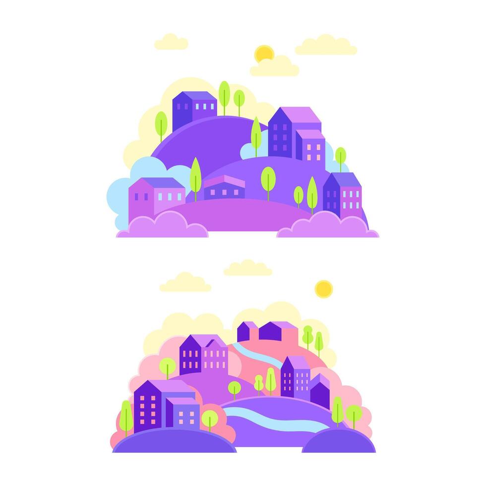 Cute countryside landscape in purple and pink colors. Houses and trees on hills illustration vector