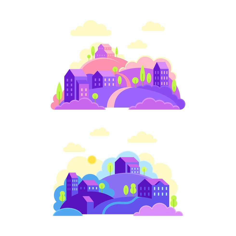 Set of village landscapes with hills, houses and trees in purple and pink colors illustration vector