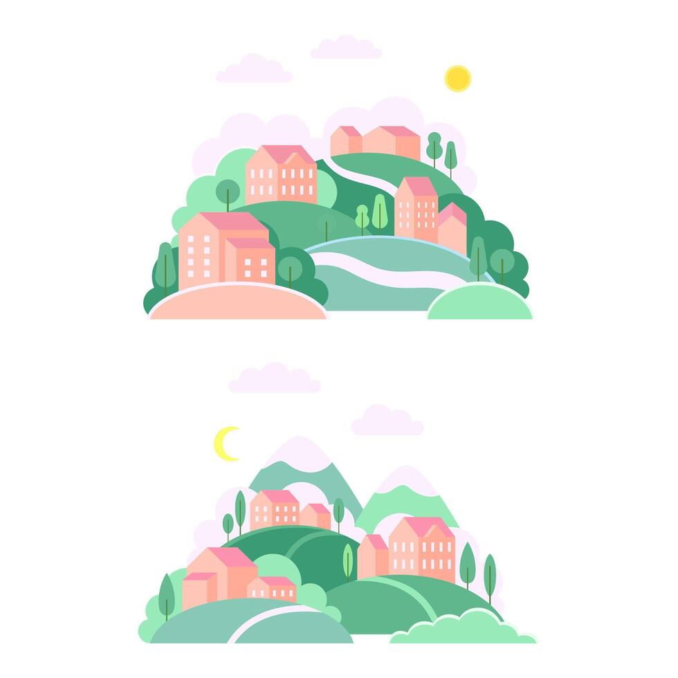 Set of small towns landscapes with green hills, trees and brick houses at night and day time illustration vector