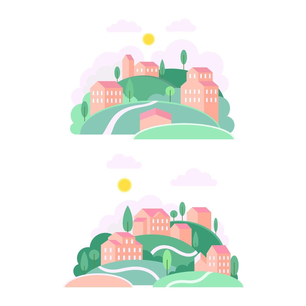 Set of summer countryside landscapes with hills, houses and trees at day time illustration vector
