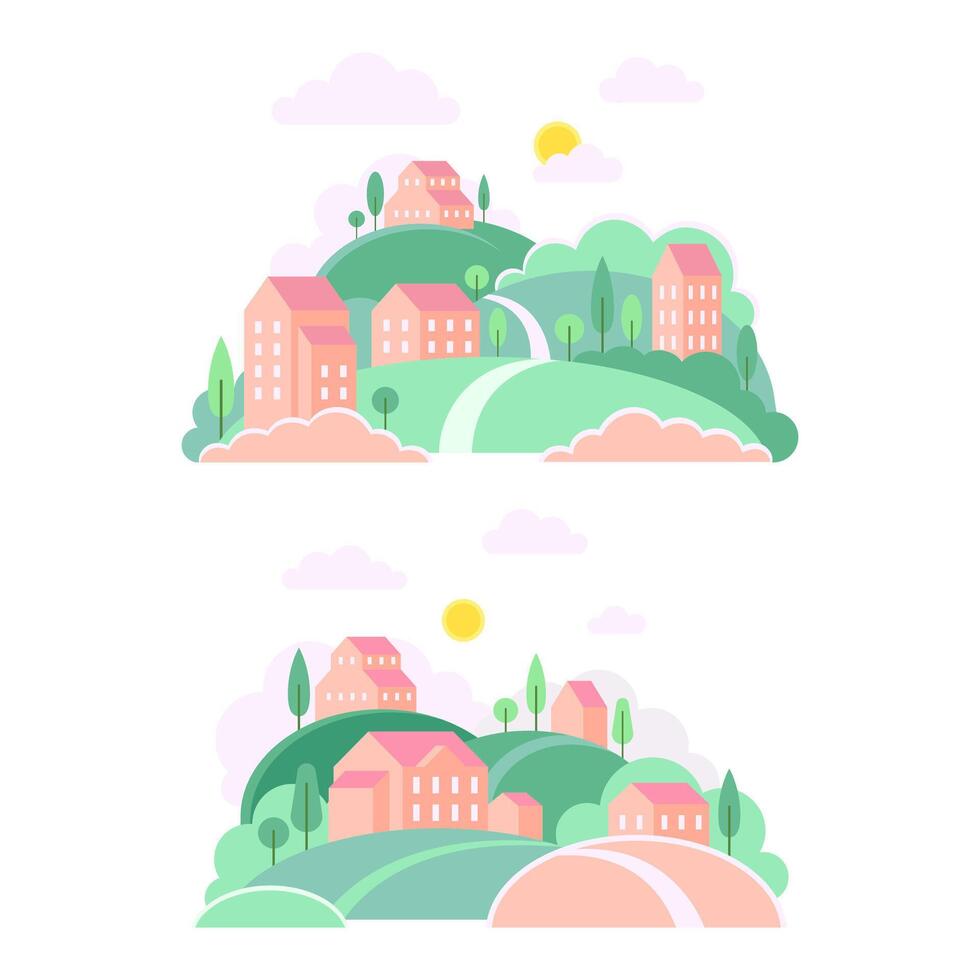 Set of small towns landscapes with green hills, trees and brick houses illustration vector