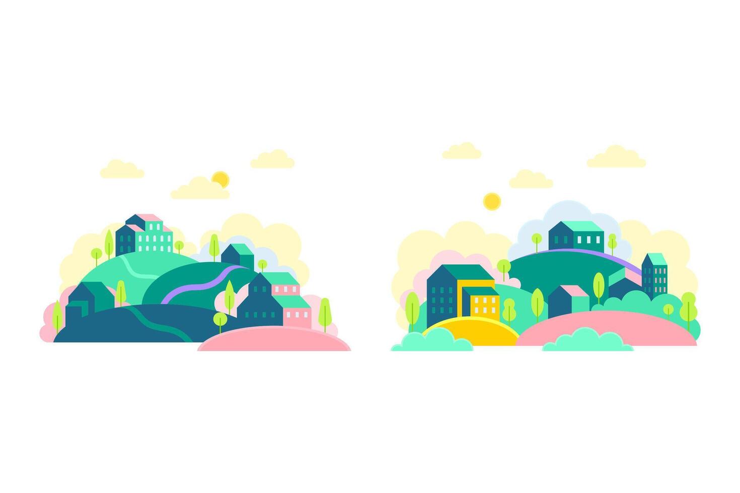Small town scenes set. Green hills, cute houses and trees at day time illustration vector