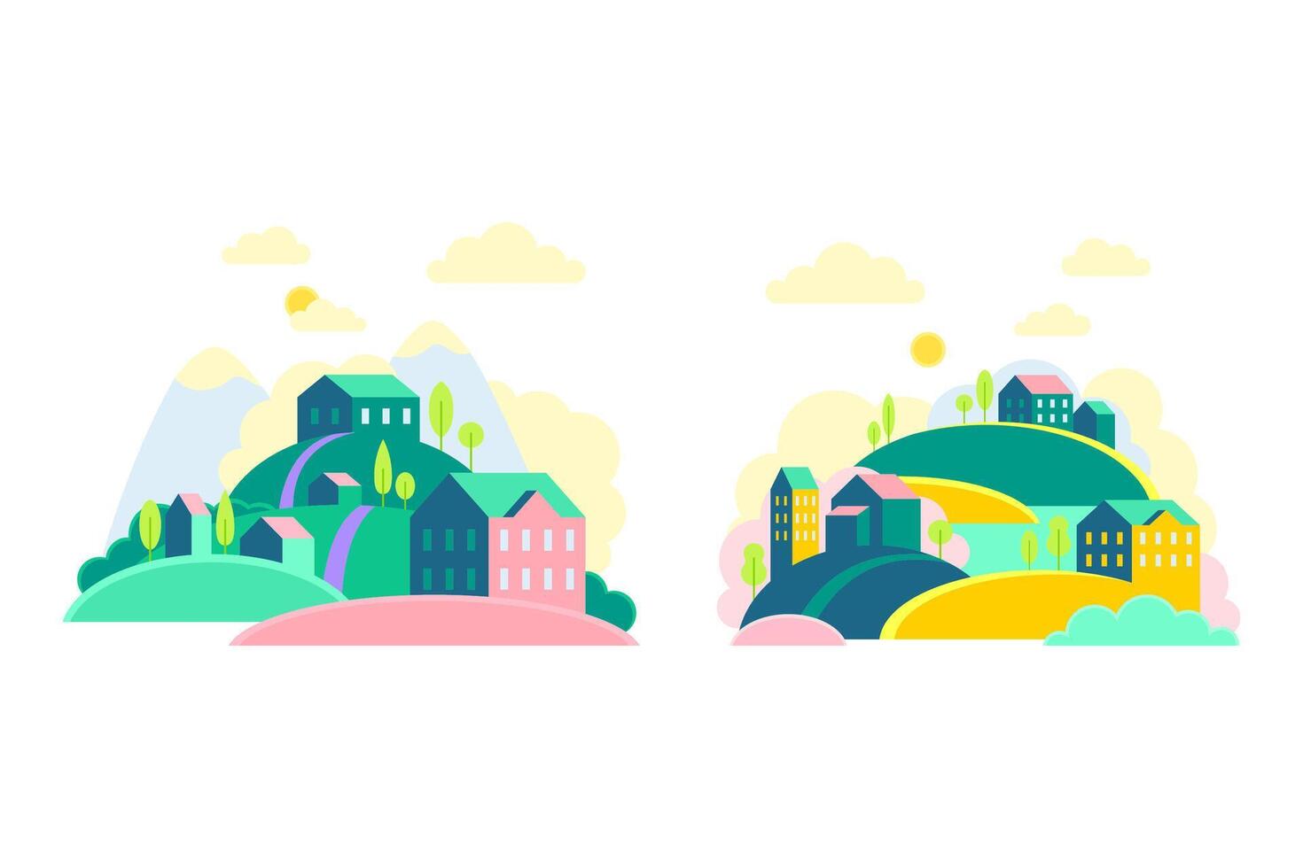 Set of small town scenes with green hills and cute houses at day time illustration vector