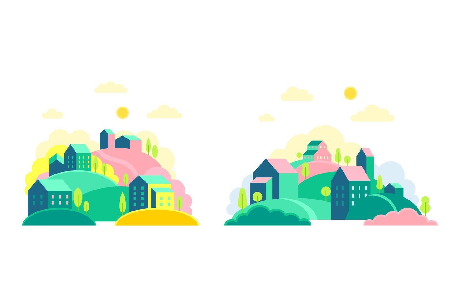Set of cute small town scenes with hills and houses at day time illustration vector
