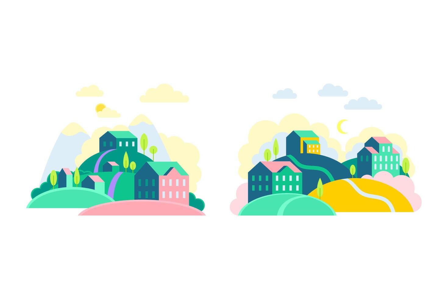 Set of summer countryside landscapes with mountains, hills and houses at day and night time illustration vector