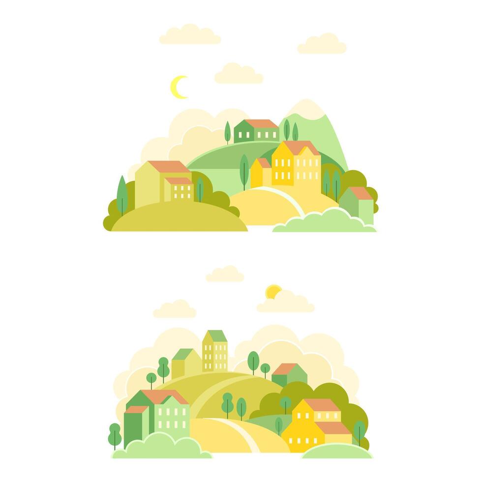 Set of summer countryside landscapes with green hills, cute houses and path illustration vector