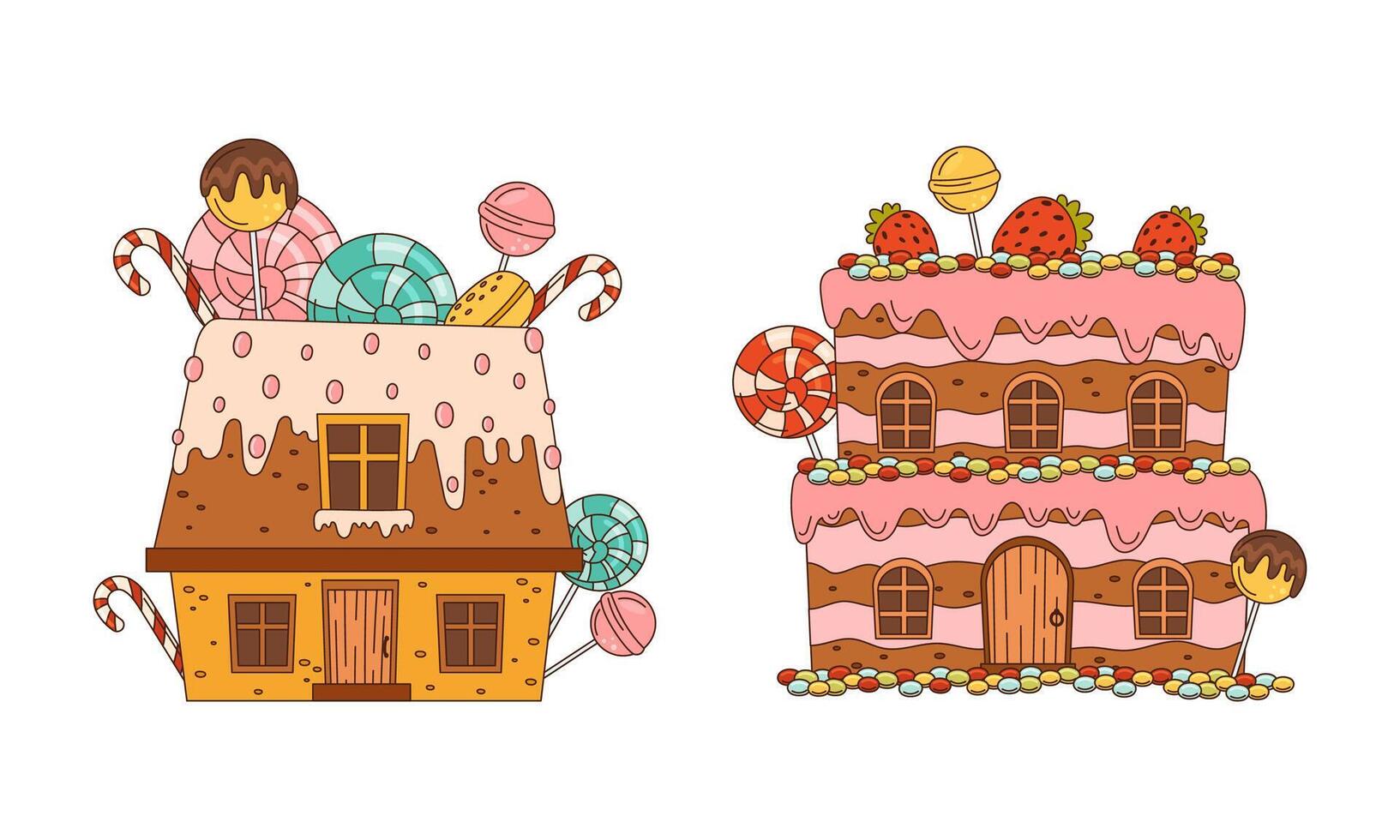 Christmas gingerbread houses decorated with glaze and sweets set cartoon illustration vector