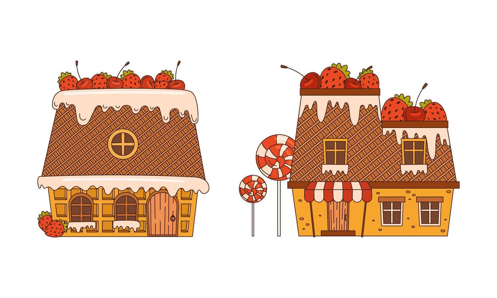 Christmas gingerbread houses decorated with glaze, sweets and berries set cartoon illustration vector