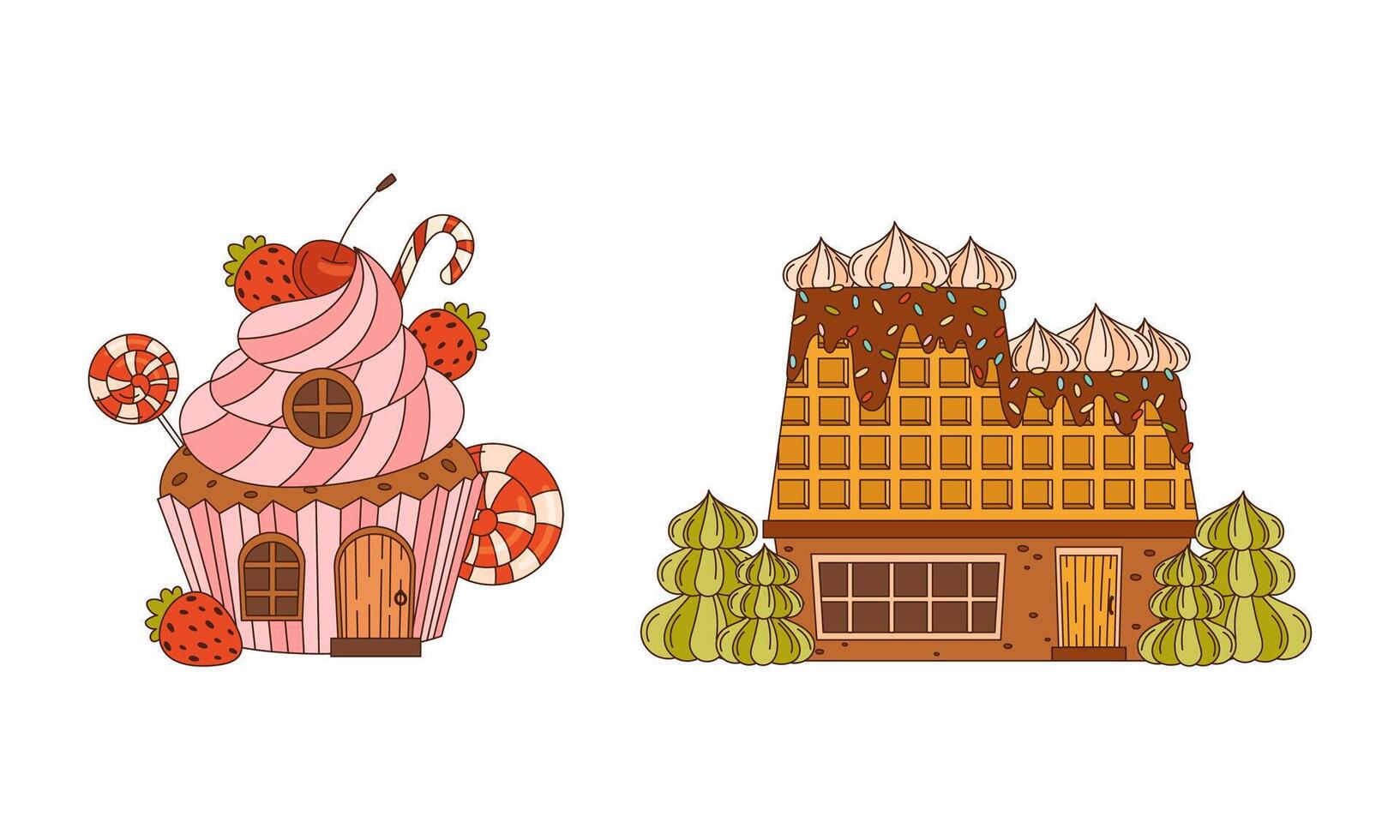 Christmas gingerbread houses decorated with glaze, sweets and waffles set. Traditional festive baked dessert cartoon illustration vector