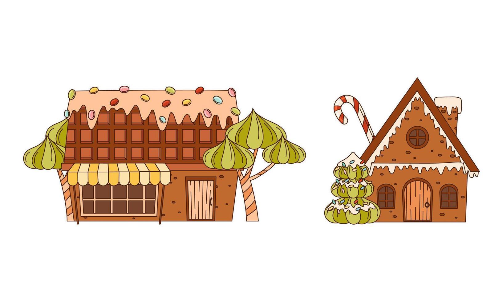 Set of Christmas festive gingerbread house decorated with sweets and glaze cartoon illustration vector