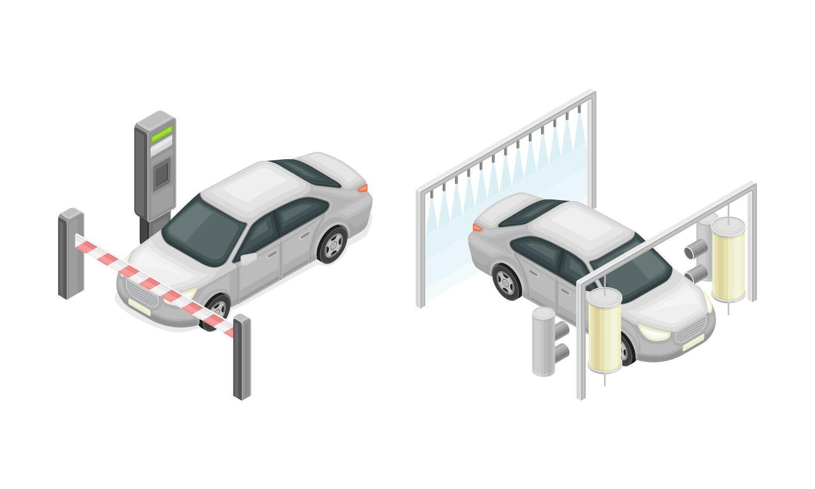 Car wash automatic and self service facilities station isometric illustration vector